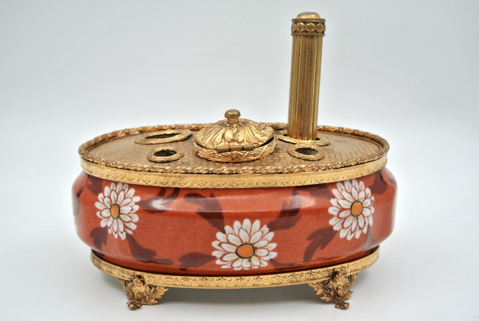 Gilt Inkwell in Gilded Brass and Hand Painted Limoges Porcelain