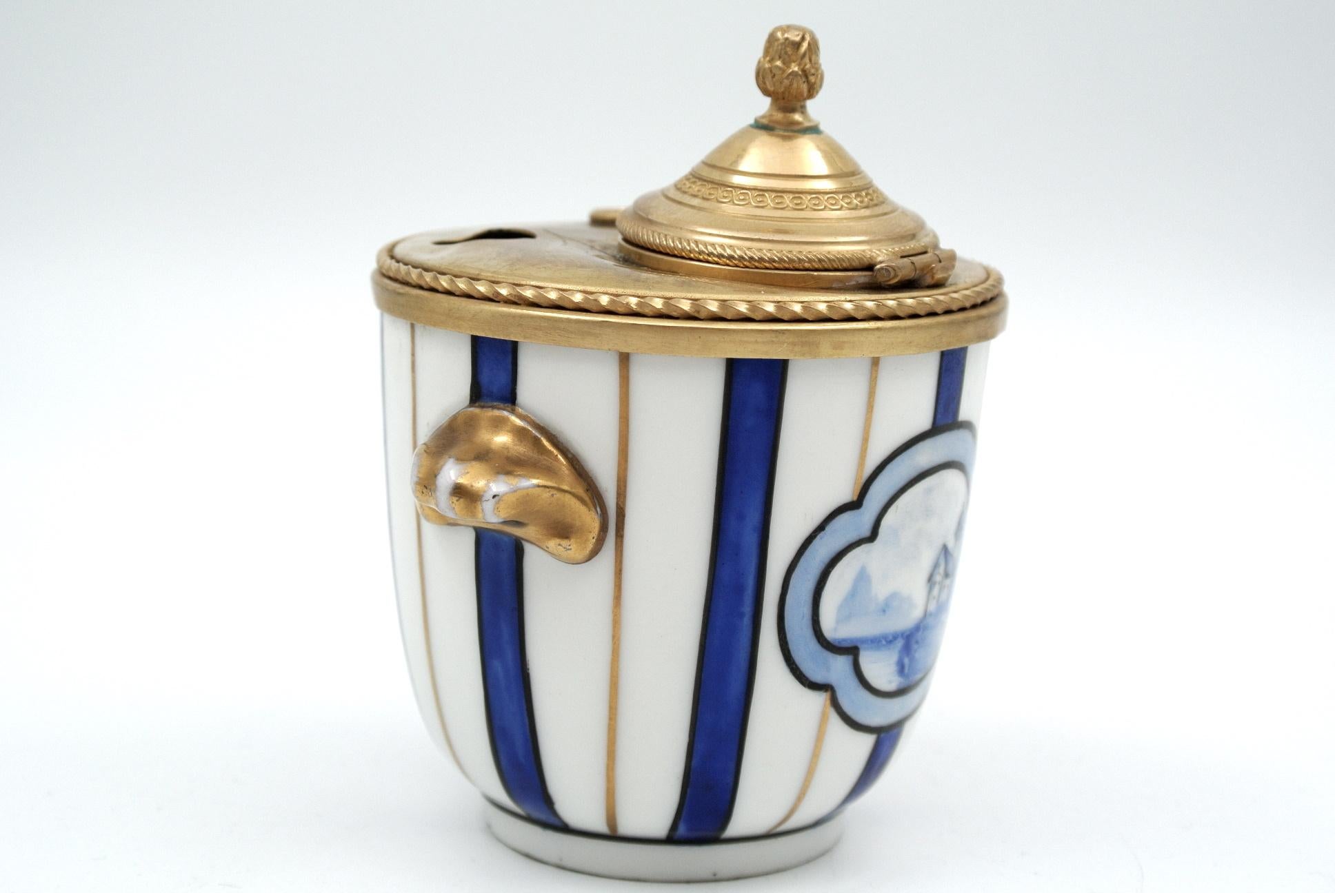 Napoleon III Inkwell in Gilded Brass and Porcelain