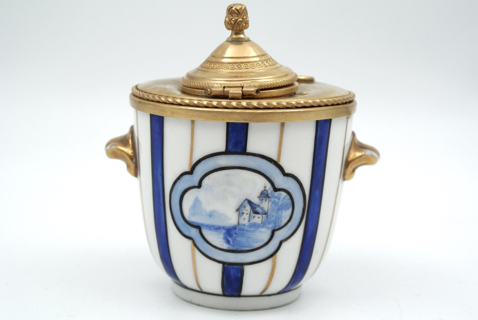 European Inkwell in Gilded Brass and Porcelain