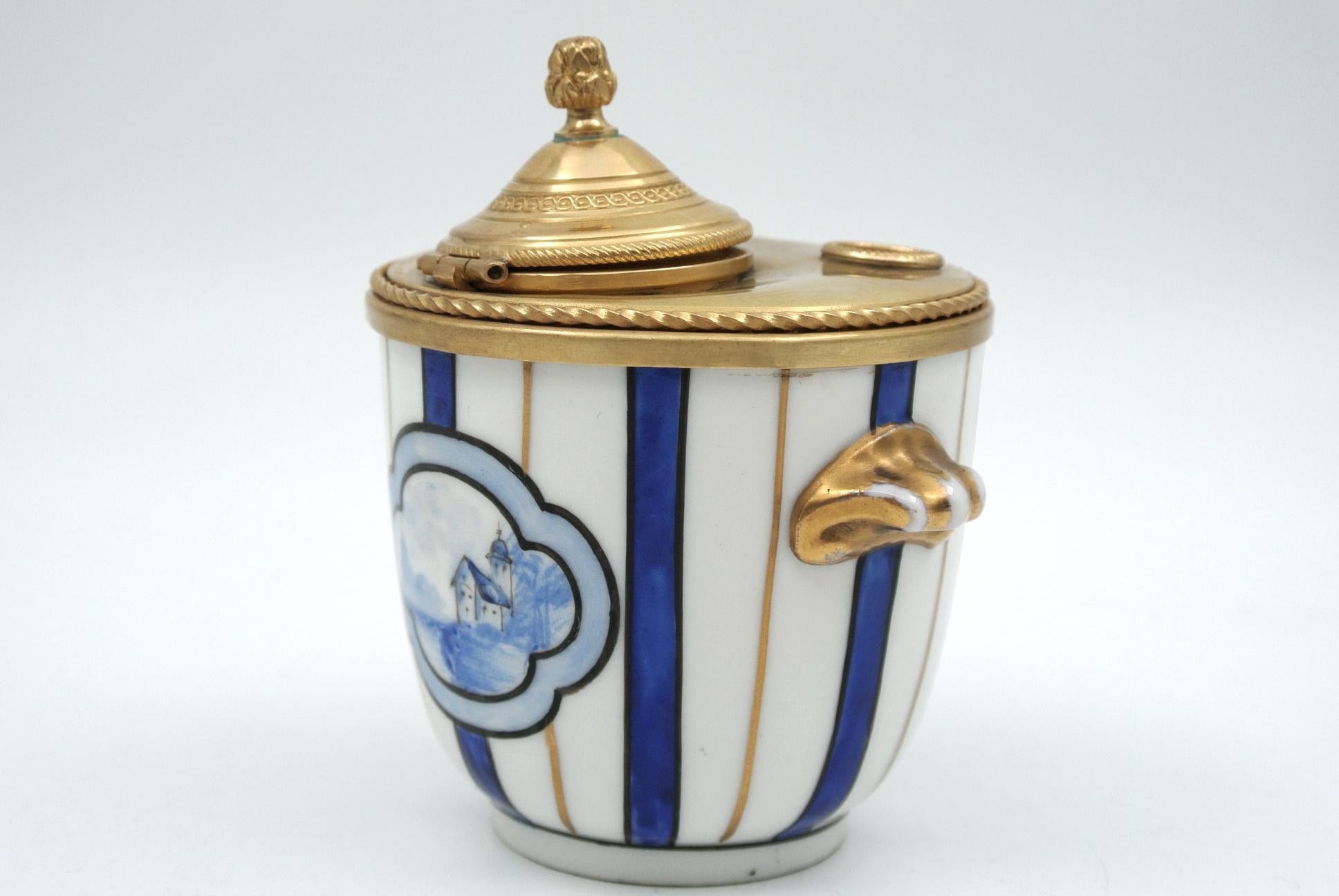 Gilt Inkwell in Gilded Brass and Porcelain