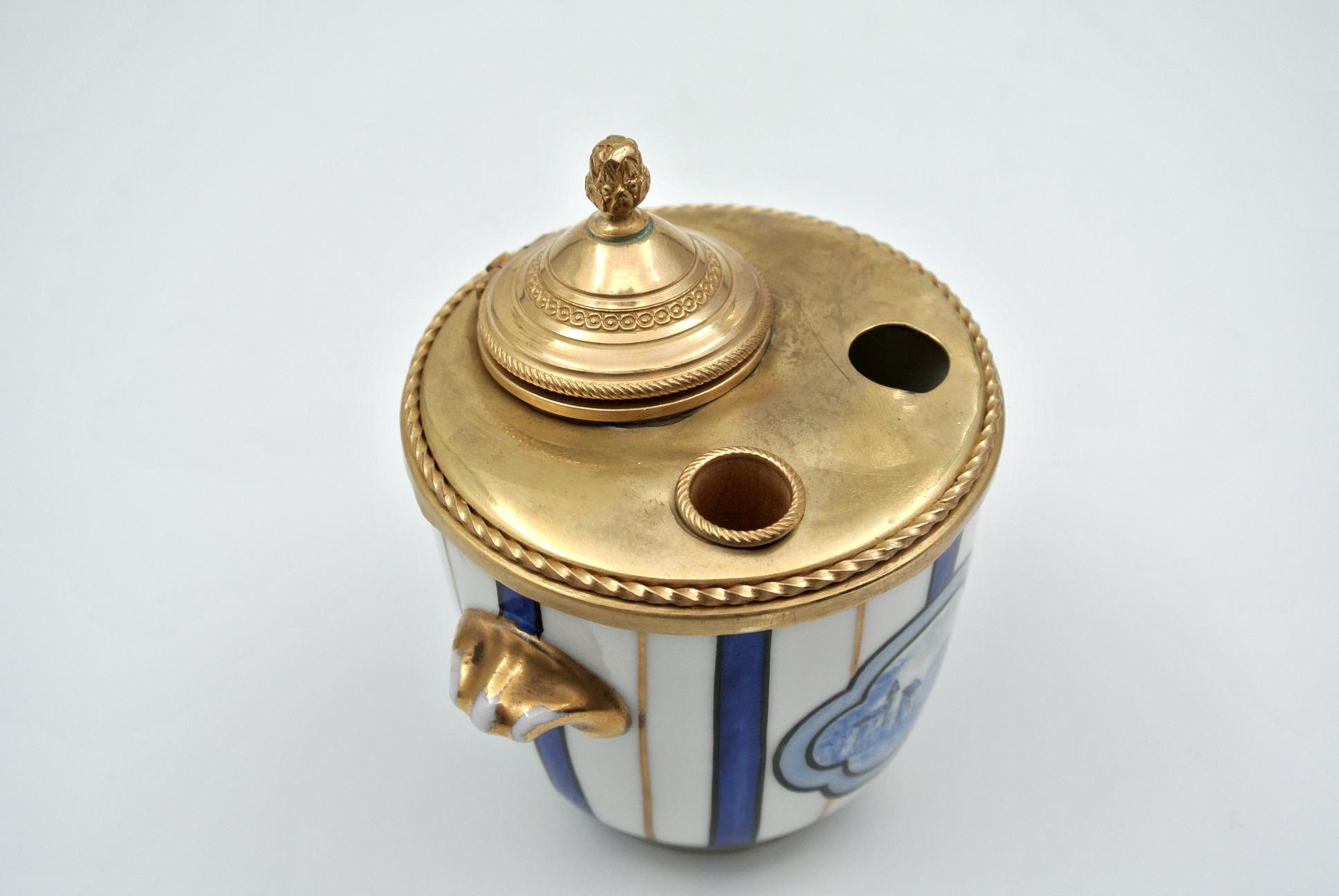 19th Century Inkwell in Gilded Brass and Porcelain