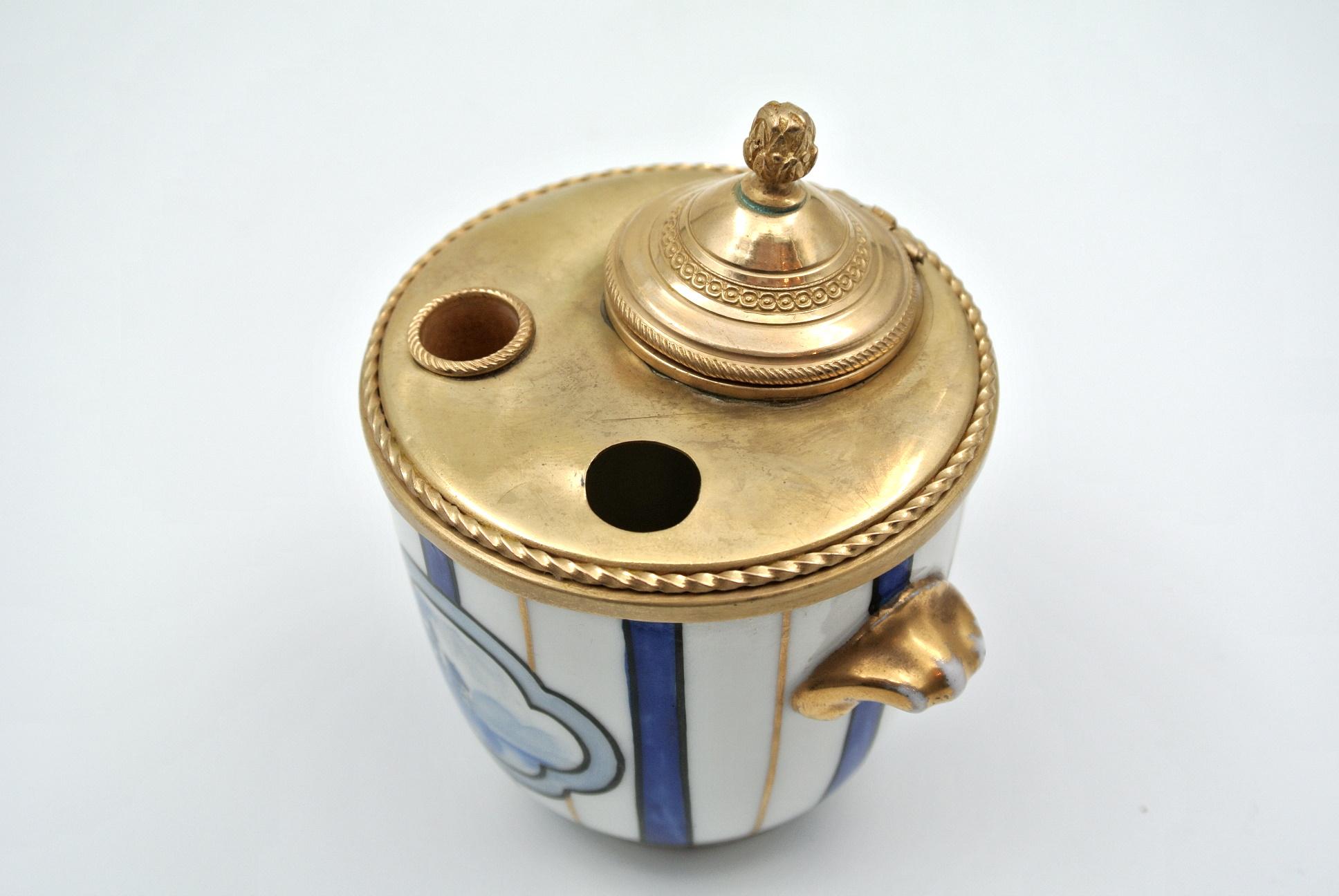 Inkwell in Gilded Brass and Porcelain 1