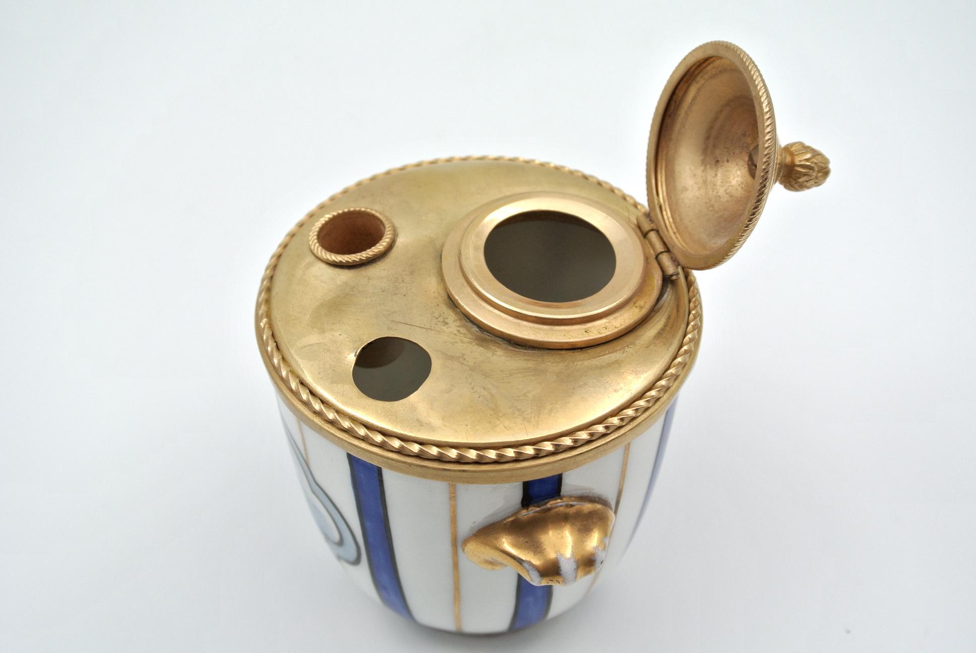 Inkwell in Gilded Brass and Porcelain 2