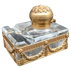 Tintero de bronce dorado y cristal, S. XIX