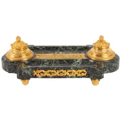 Inkwell in Gilt Bronze and Marble, Plaque in Love, 19th Century, Napoleon III