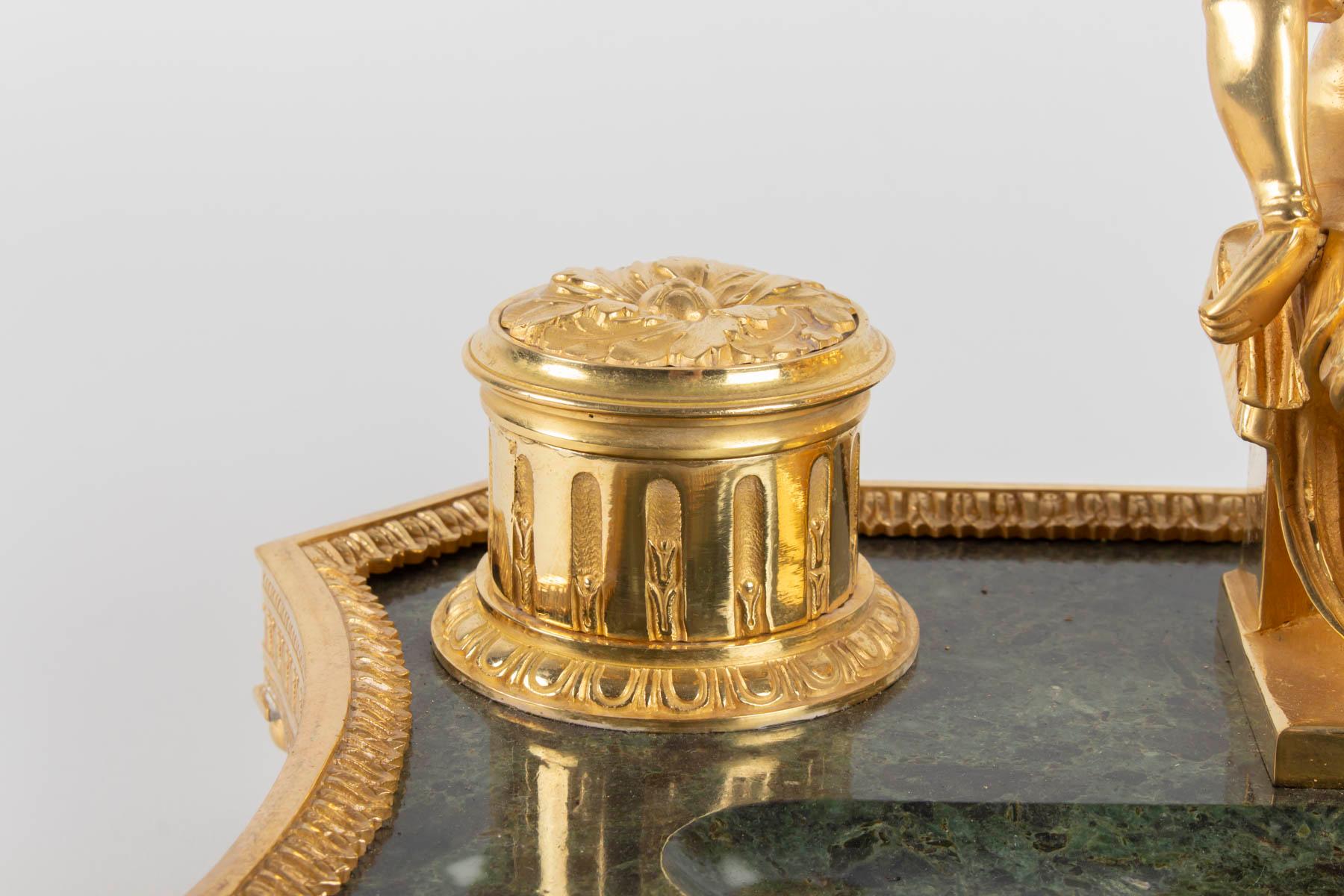 French Inkwell in Gilt Bronze and Marble, 