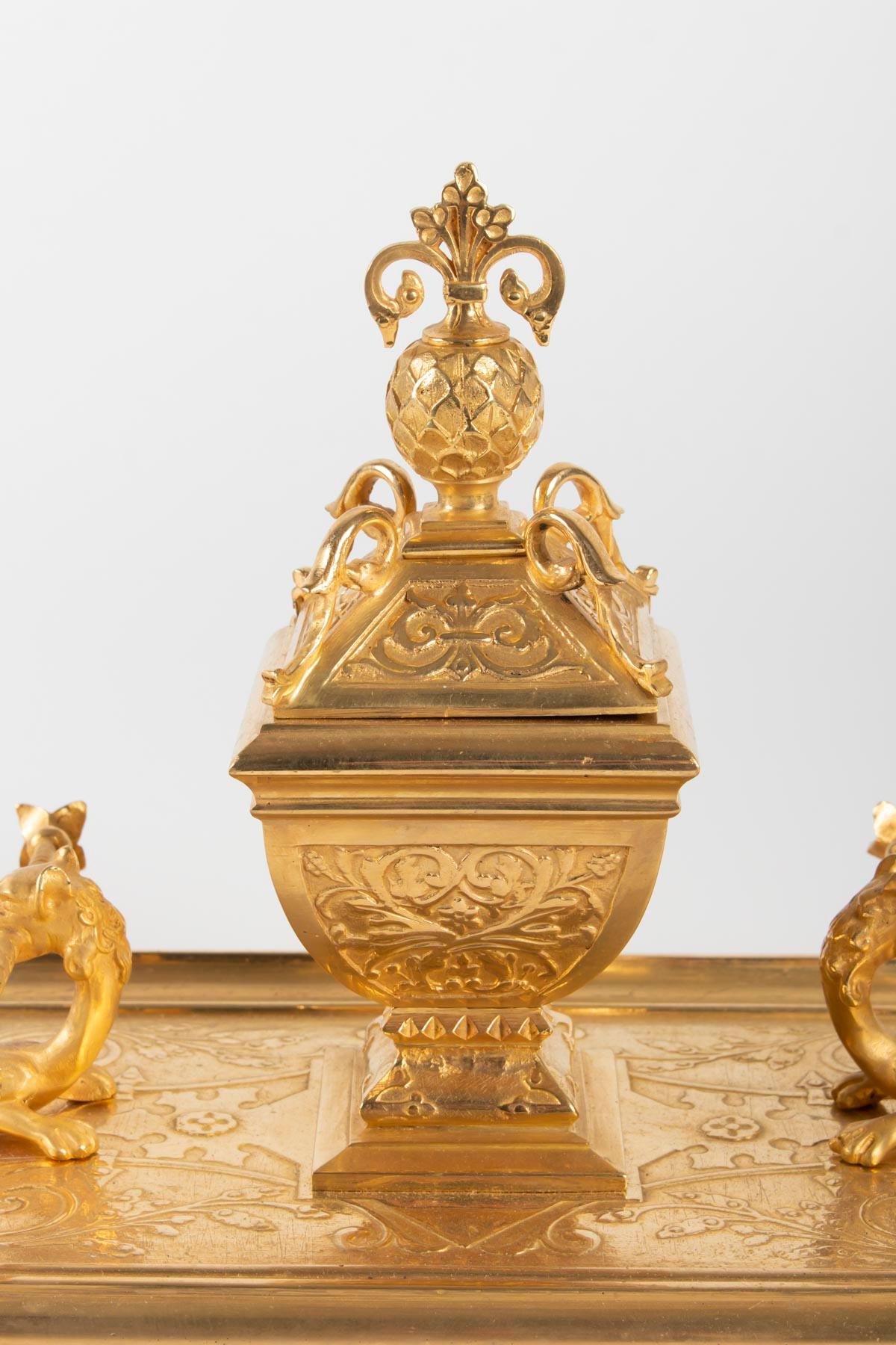 French Inkwell in Gilt Bronze, Decor in the Chimera, 19th Century, Napoleon III Period