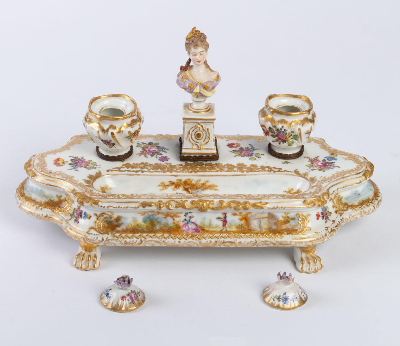 Painted Inkwell in Meissen Porcelain, 19th Century