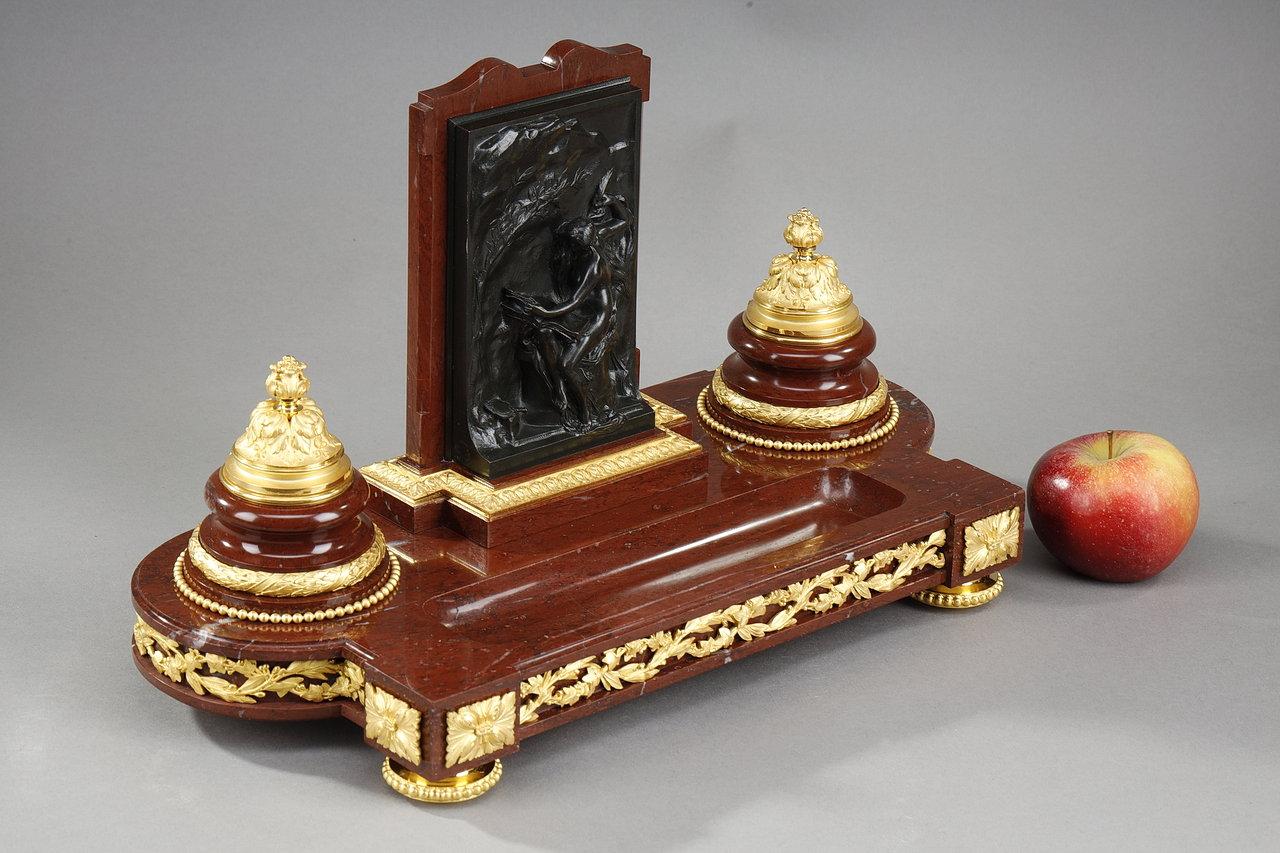 Napoleon III Inkwell in red marble with  
