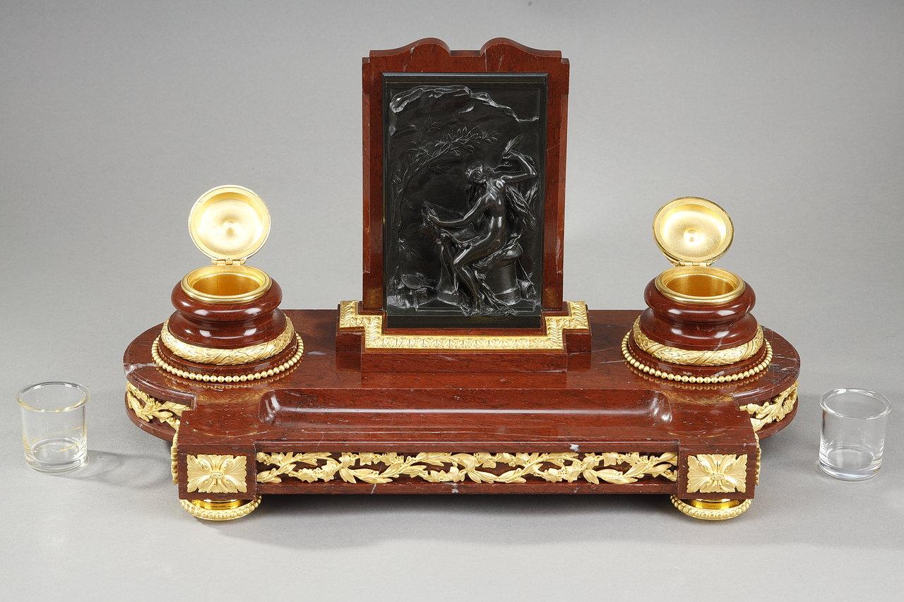 Hand-Carved Inkwell in red marble with  
