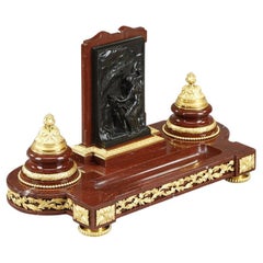 Antique Inkwell in red marble with  "Allegory of writing" in gilt bronze, signed H.CHAPU
