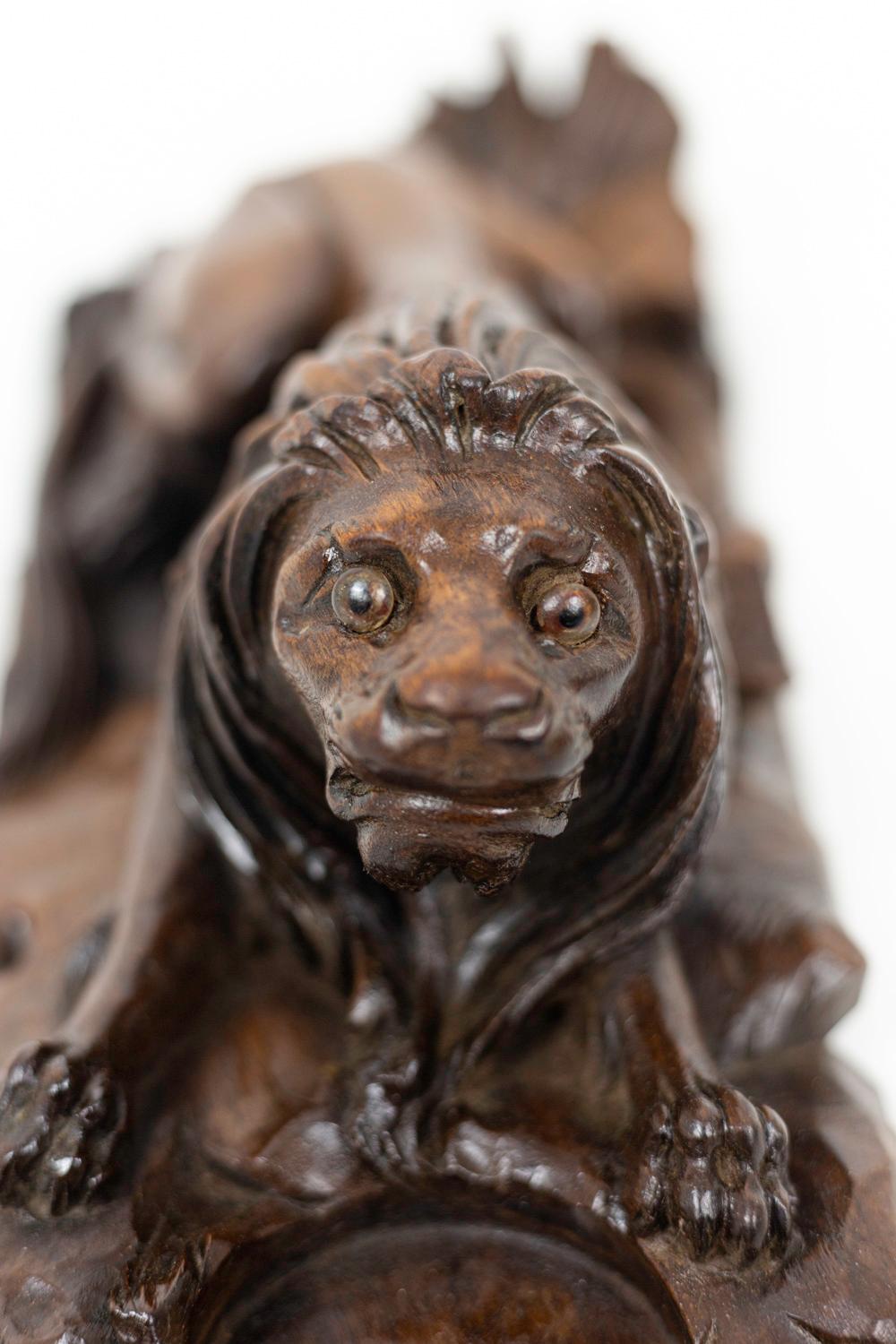 Wood Inkwell in Walnut Figuring a Lion, circa 1880