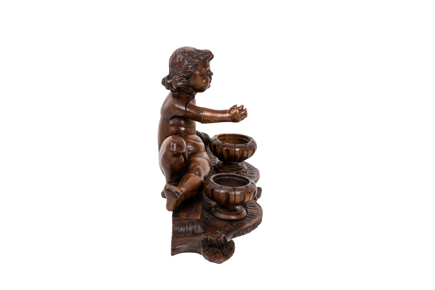 European Inkwell in Wood Figuring a Child, 19th Century For Sale