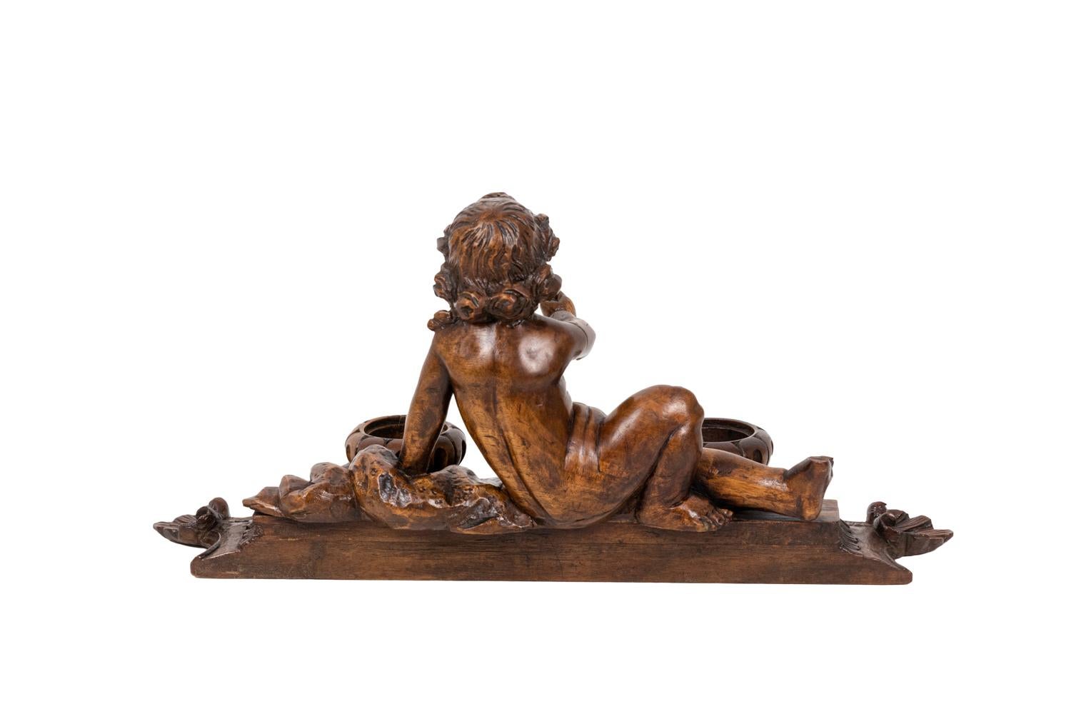 Inkwell in Wood Figuring a Child, 19th Century In Good Condition For Sale In Saint-Ouen, FR