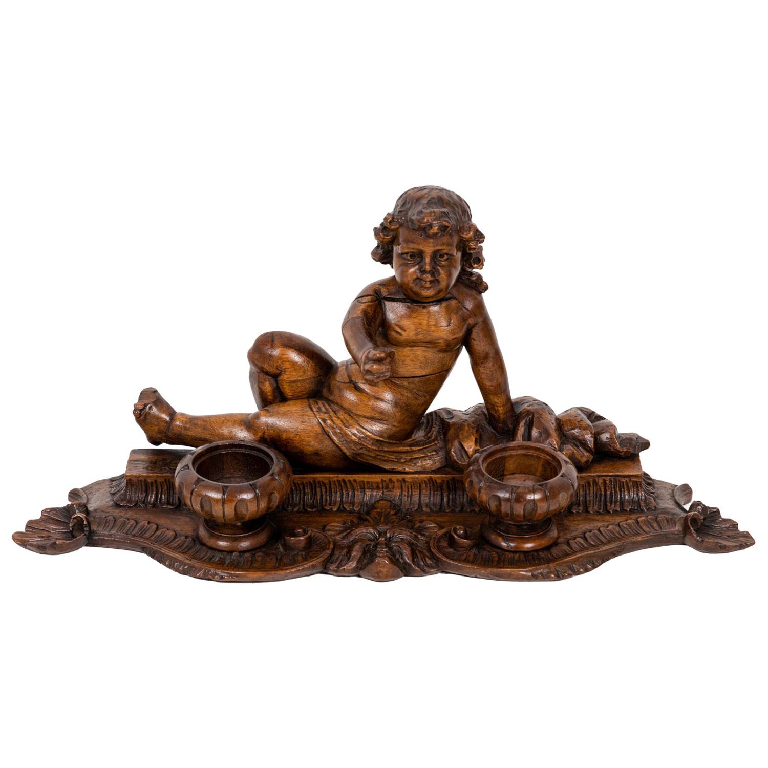 Inkwell in Wood Figuring a Child, 19th Century For Sale