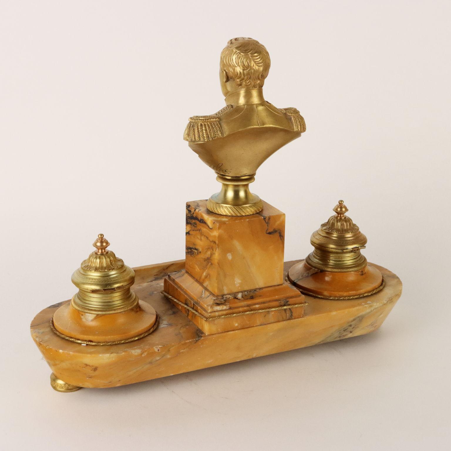 Inkwell in Yellow Siena Marble and Gilded Bronze, Italy, Late 1800s For Sale 3