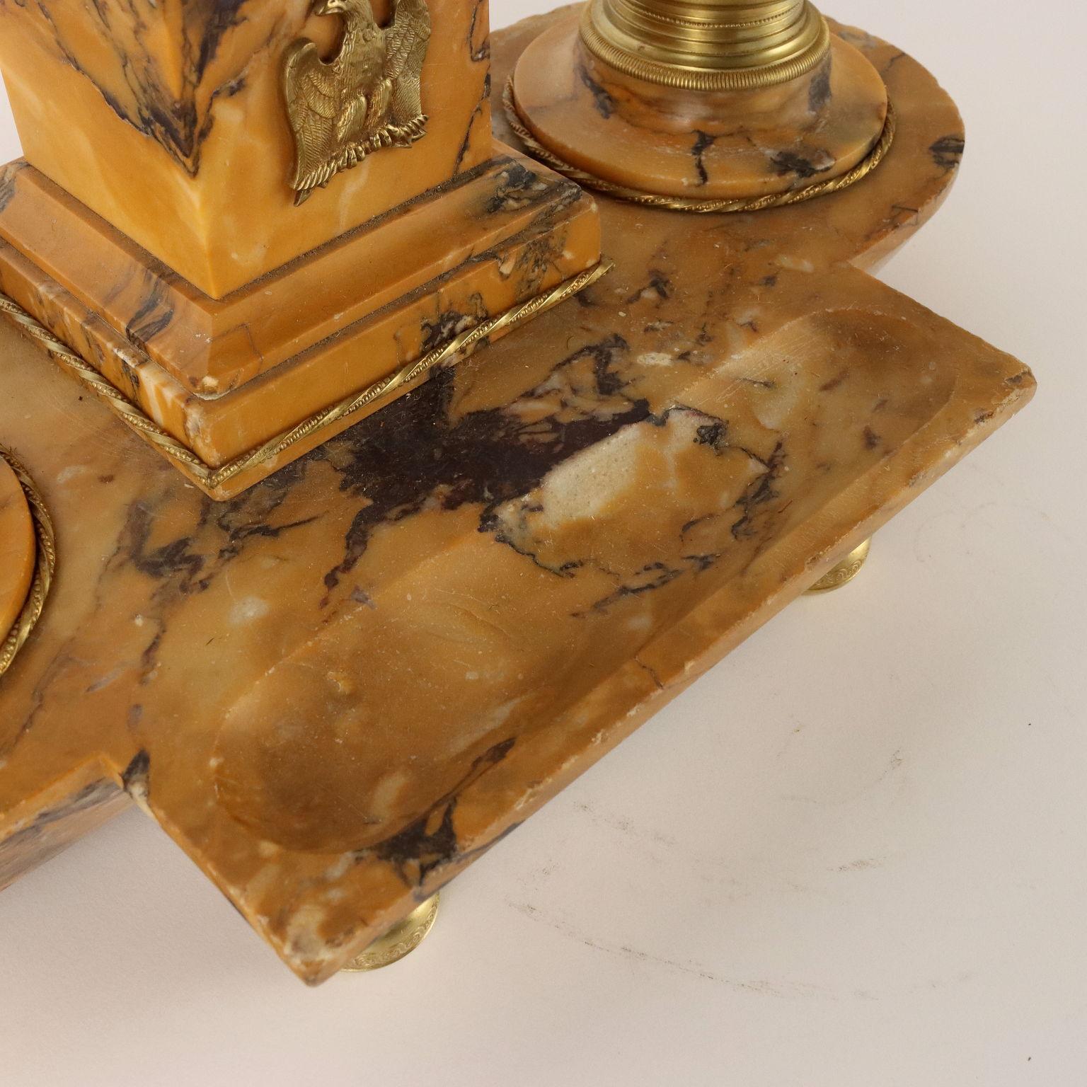 Inkwell in Yellow Siena Marble and Gilded Bronze, Italy, Late 1800s For Sale 1