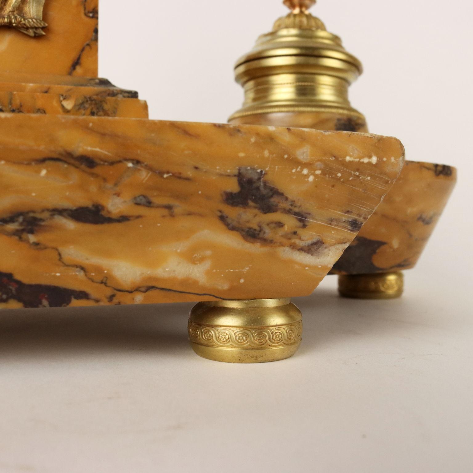 Inkwell in Yellow Siena Marble and Gilded Bronze, Italy, Late 1800s For Sale 2