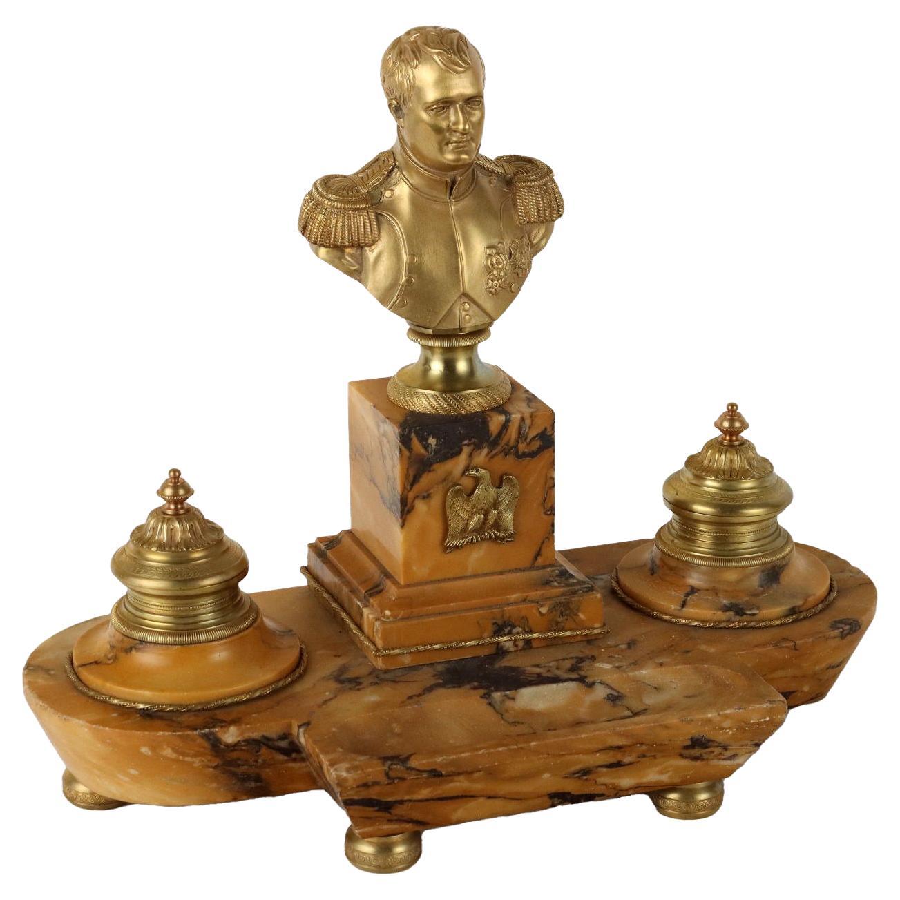 Inkwell in Yellow Siena Marble and Gilded Bronze, Italy, Late 1800s For Sale