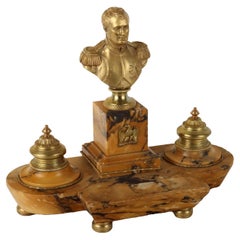 Antique Inkwell in Yellow Siena Marble and Gilded Bronze, Italy, Late 1800s