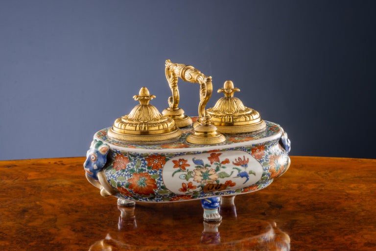 Inkwell Regency Gilded Bronze Porcelain England \\\'800 For Sale at 1stDibs