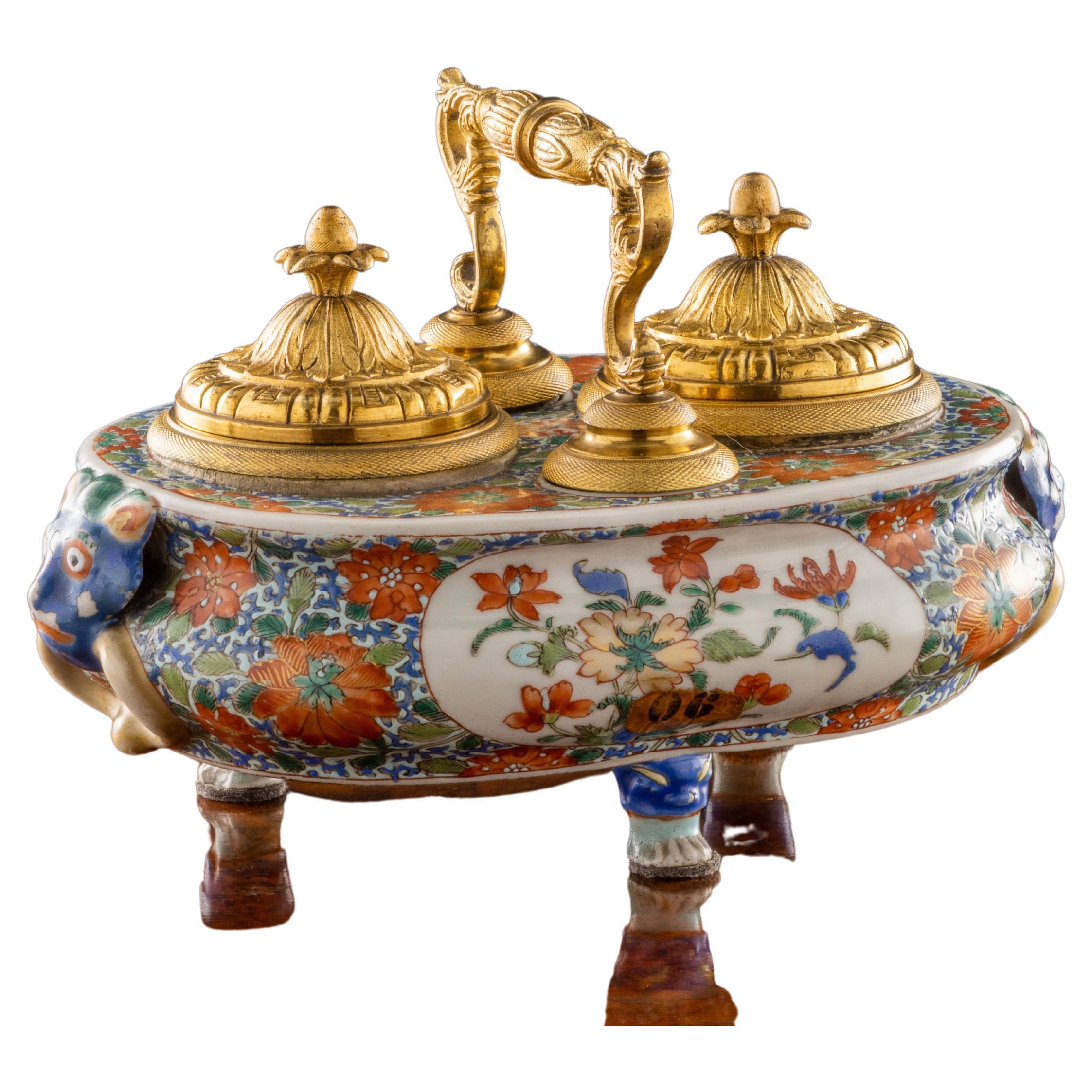 Inkwell Regency Gilded Bronze Porcelain England \\\'800 For Sale