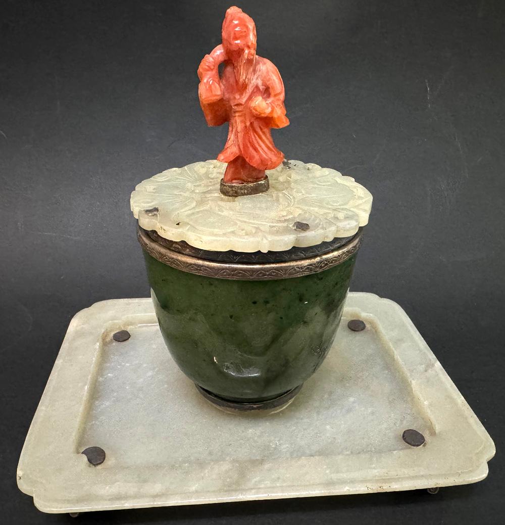 Tintenfass mit chinesischer Jade und Karneol und Silberfassungen von Edward Farmer, 1920er Jahre