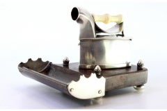 Inkwell with rosewood base, silver iron-shaped holder & ivory handle
