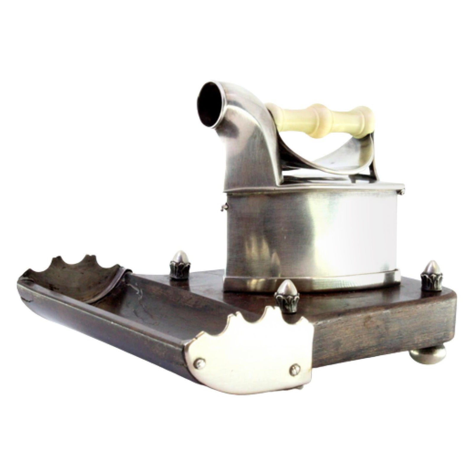 Inkwell with rosewood base, silver iron-shaped holder
ivory handle