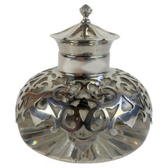 Antique Inkwell with Silver Top and Silver Overlay
