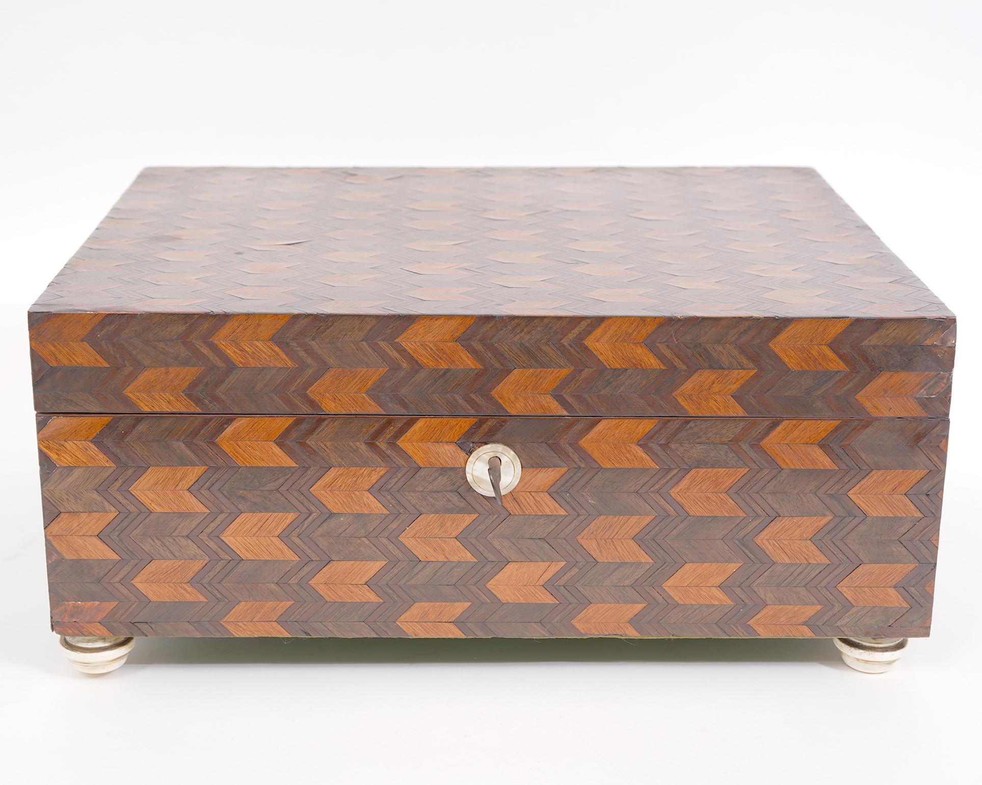 Inlaid 19th C. Box w/ Lift Out Tray, Bone Feet 
Mother of Pearl Knobs For Sale