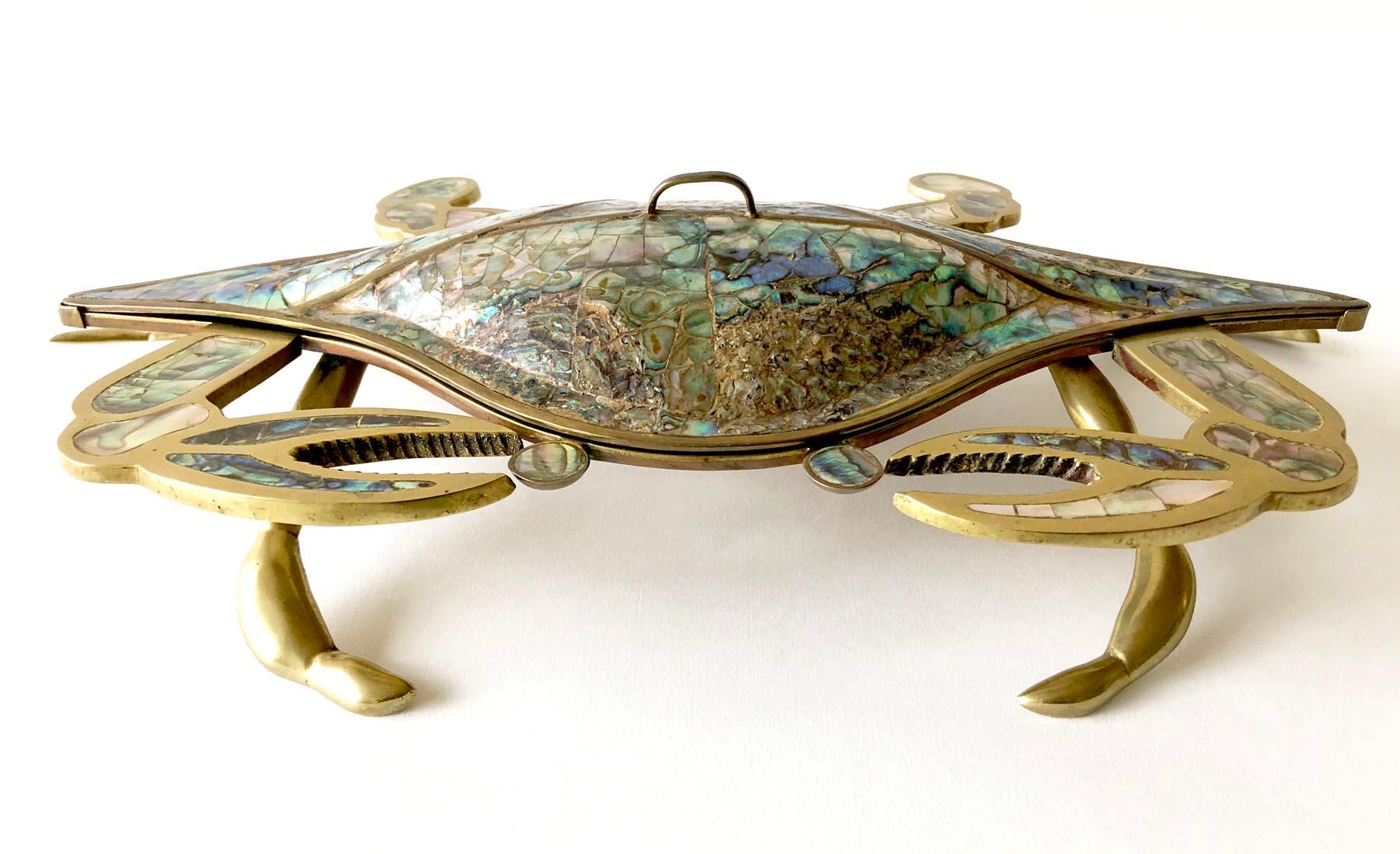 Inlaid abalone and brass covered tray, circa 1950's - 1960's. Crab measures 3