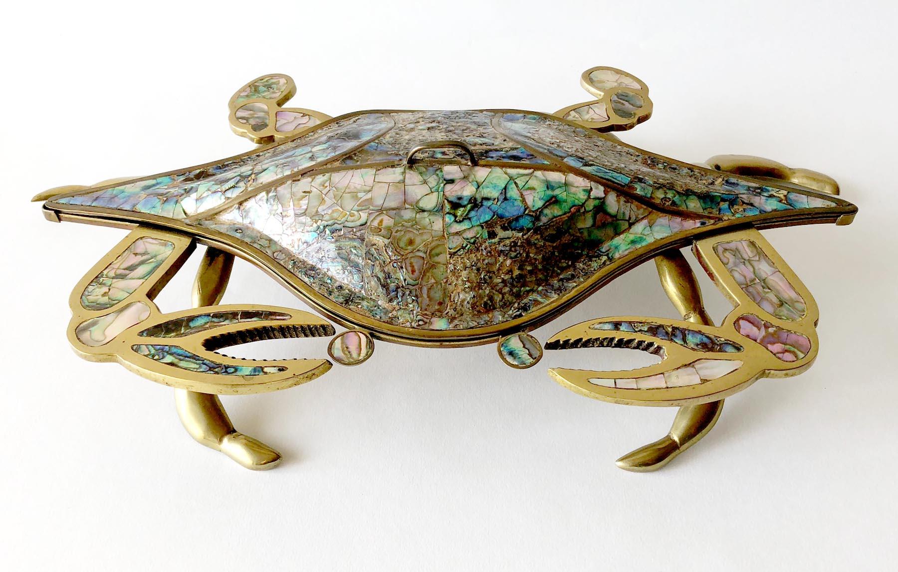Mid-20th Century Mexican Modernist Inlaid Abalone Shell Brass Covered Crab Tray