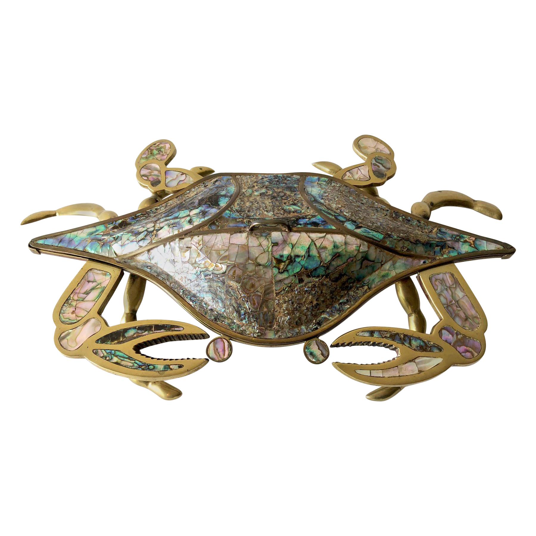 Mexican Modernist Inlaid Abalone Shell Brass Covered Crab Tray