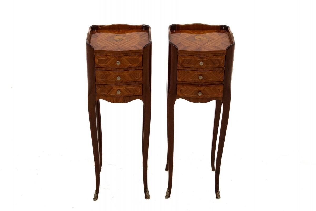 Inlaid bedside tables, Louis XV style, France. 2