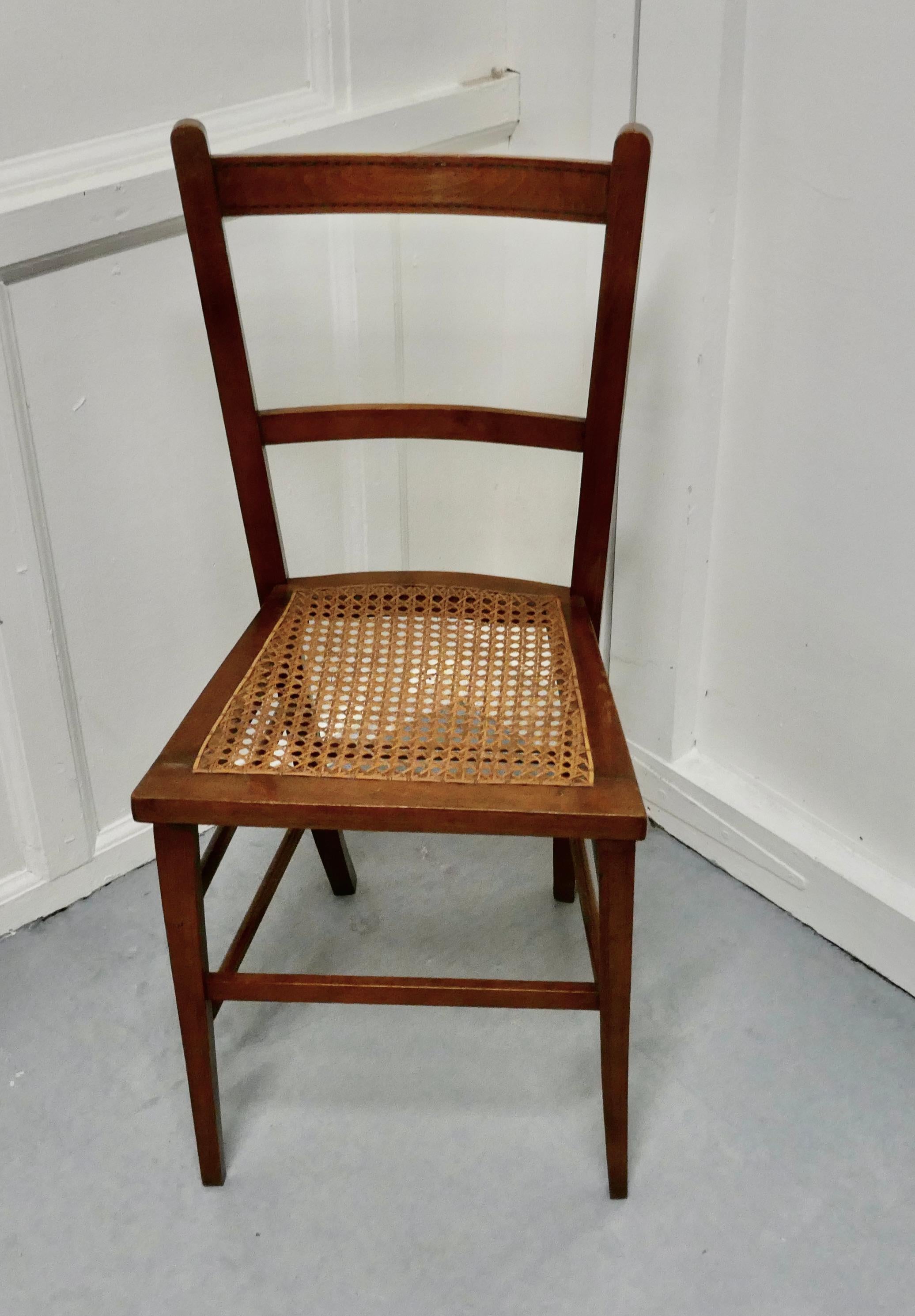 Inlaid beech and cane bedroom chair

The chair has a traditional woven cane seat with an inlaid top rail and is in good sound condition
The back of the chair is 33” high, it is 16” wide and 15 deep, the seat is 17” high
TGB483.