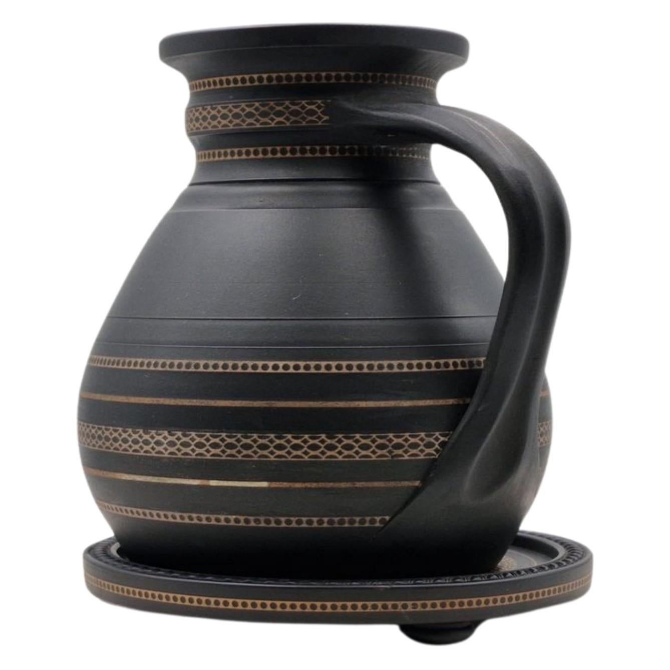 Neoclassical Inlaid Black Basalt Jug & Stand, Wedgwood, circa 1860 For Sale