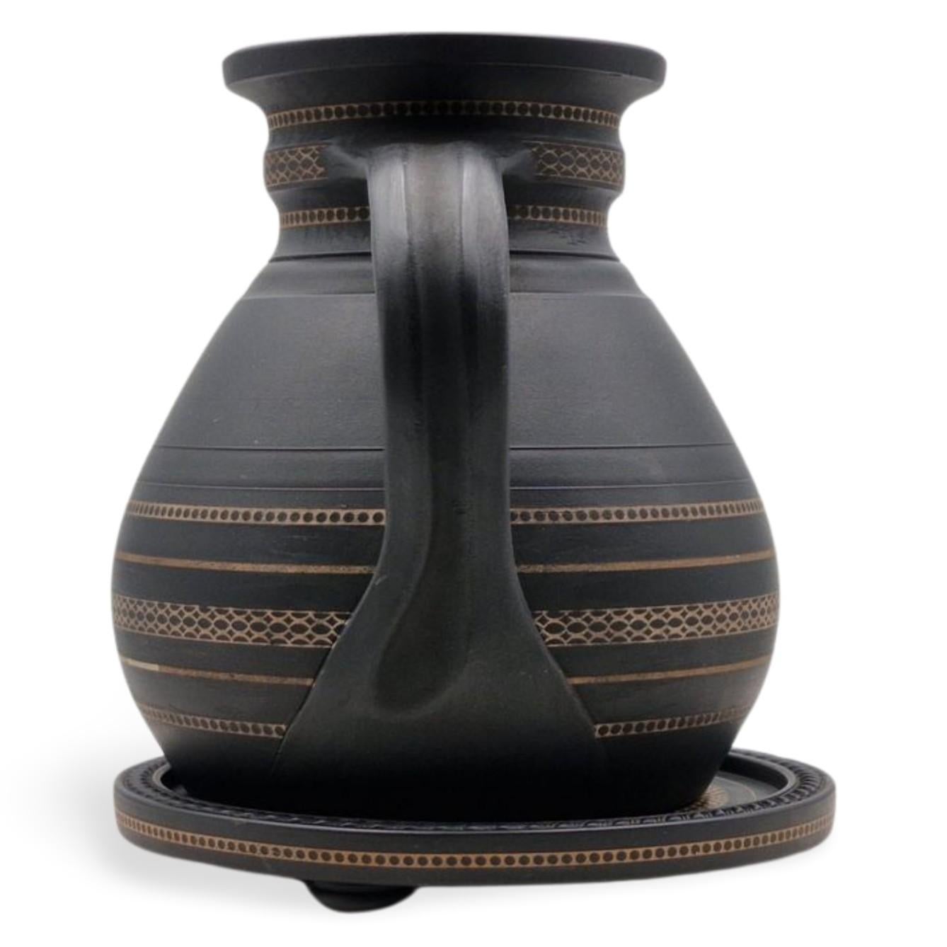 English Inlaid Black Basalt Jug & Stand, Wedgwood, circa 1860 For Sale
