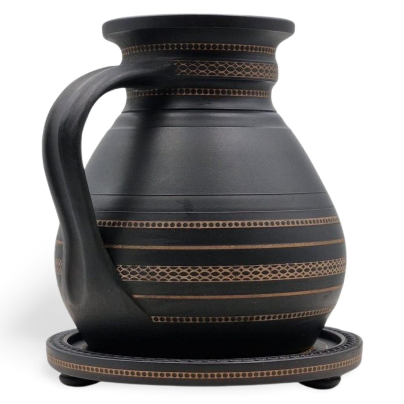 Turned Inlaid Black Basalt Jug & Stand, Wedgwood, circa 1860 For Sale