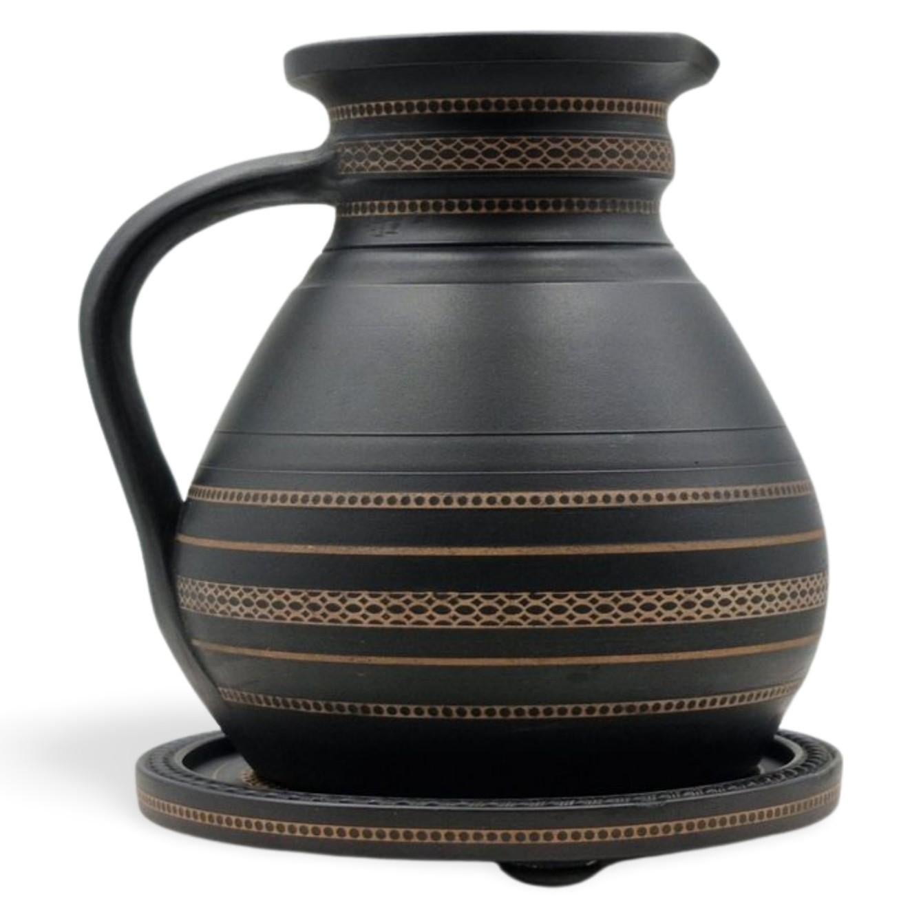 Inlaid Black Basalt Jug & Stand, Wedgwood, circa 1860 In Good Condition For Sale In Melbourne, Victoria