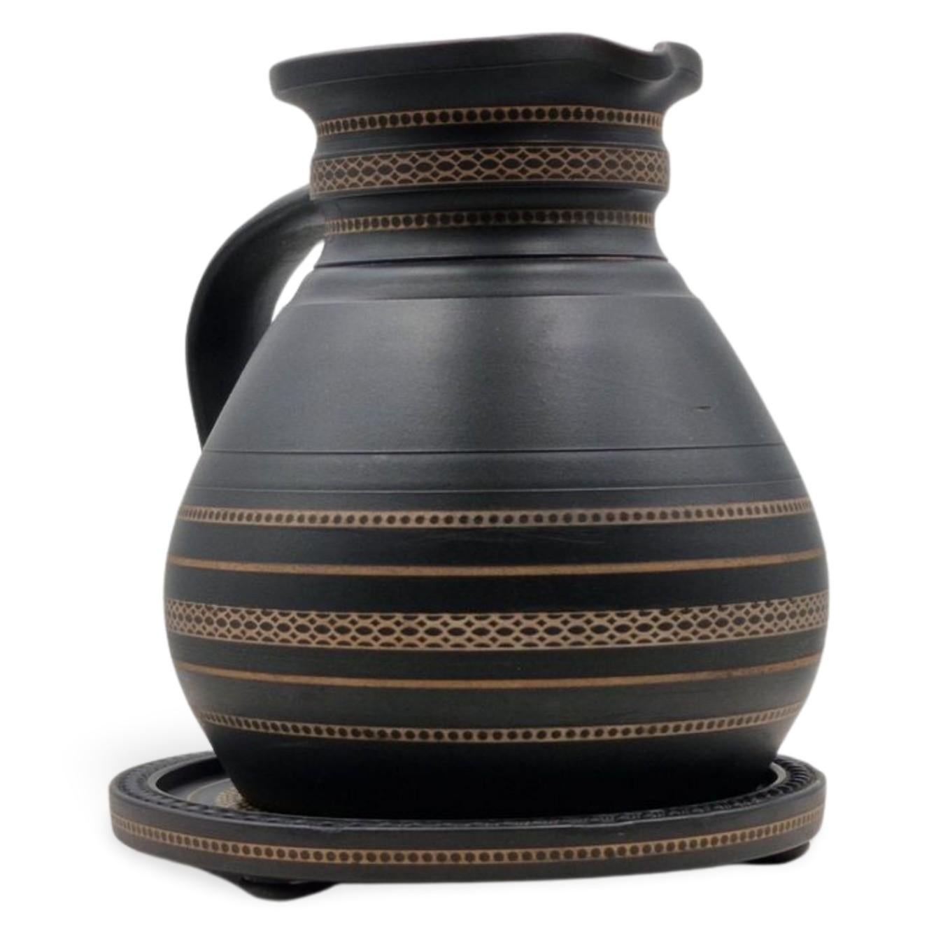 19th Century Inlaid Black Basalt Jug & Stand, Wedgwood, circa 1860 For Sale