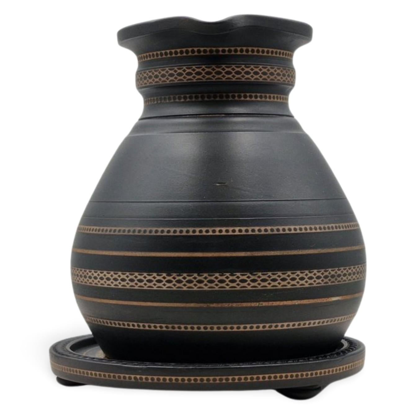 Stoneware Inlaid Black Basalt Jug & Stand, Wedgwood, circa 1860 For Sale