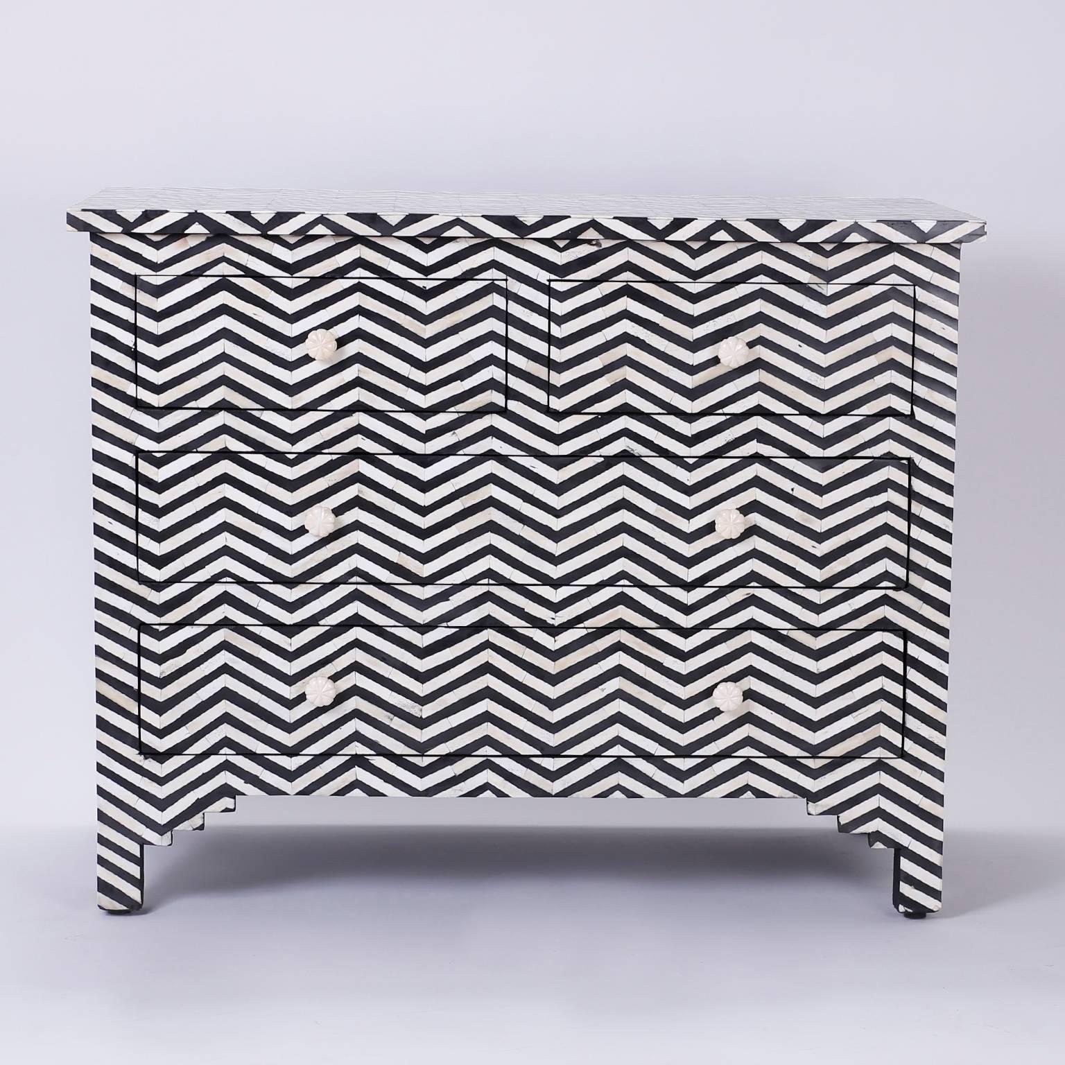 Indian Inlaid Bone Four-Drawer Chest with Chevron Pattern