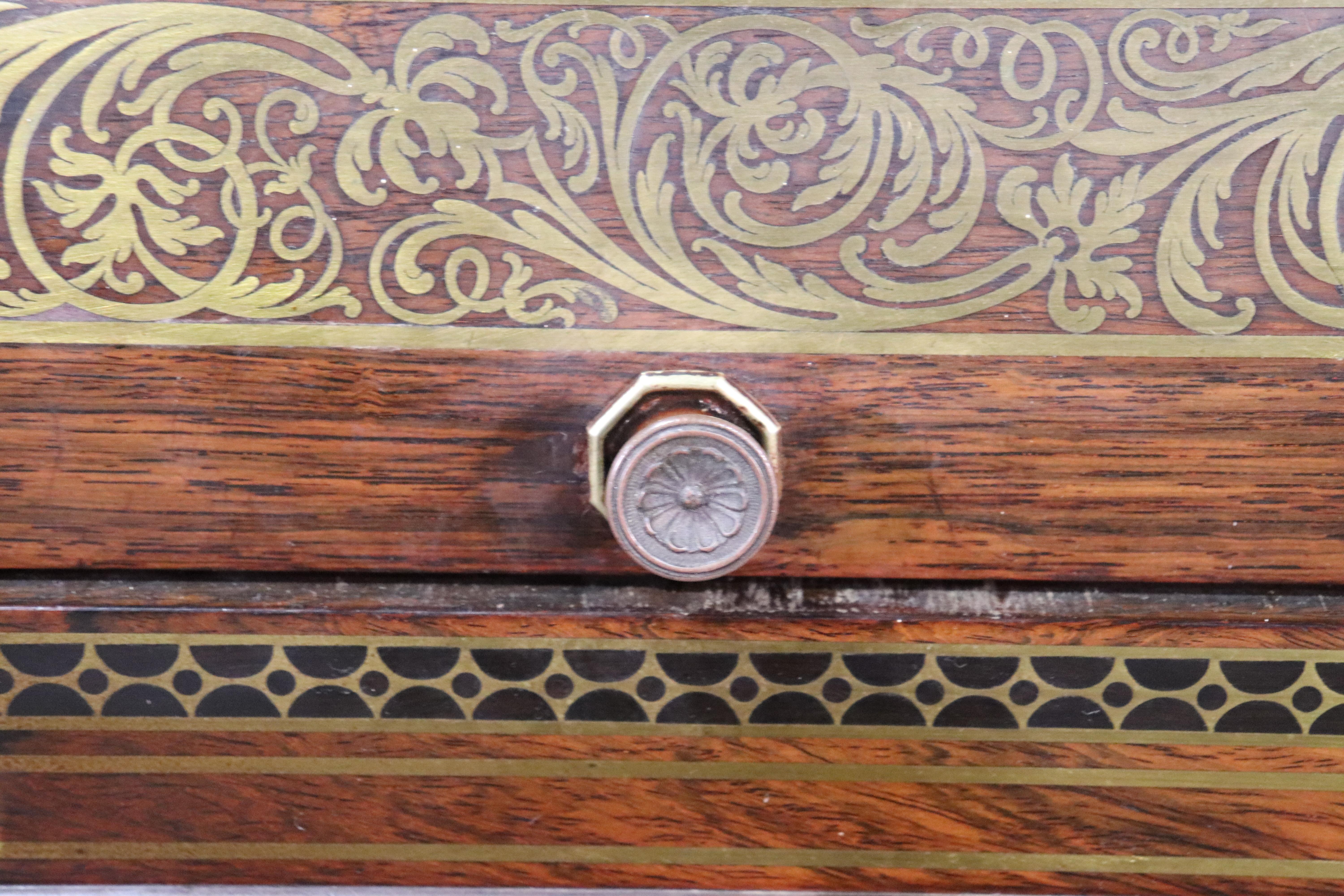 Mid-19th Century Inlaid Brass Boulle Rosewood English Regency Cylinder Roll Desk with Leather Top