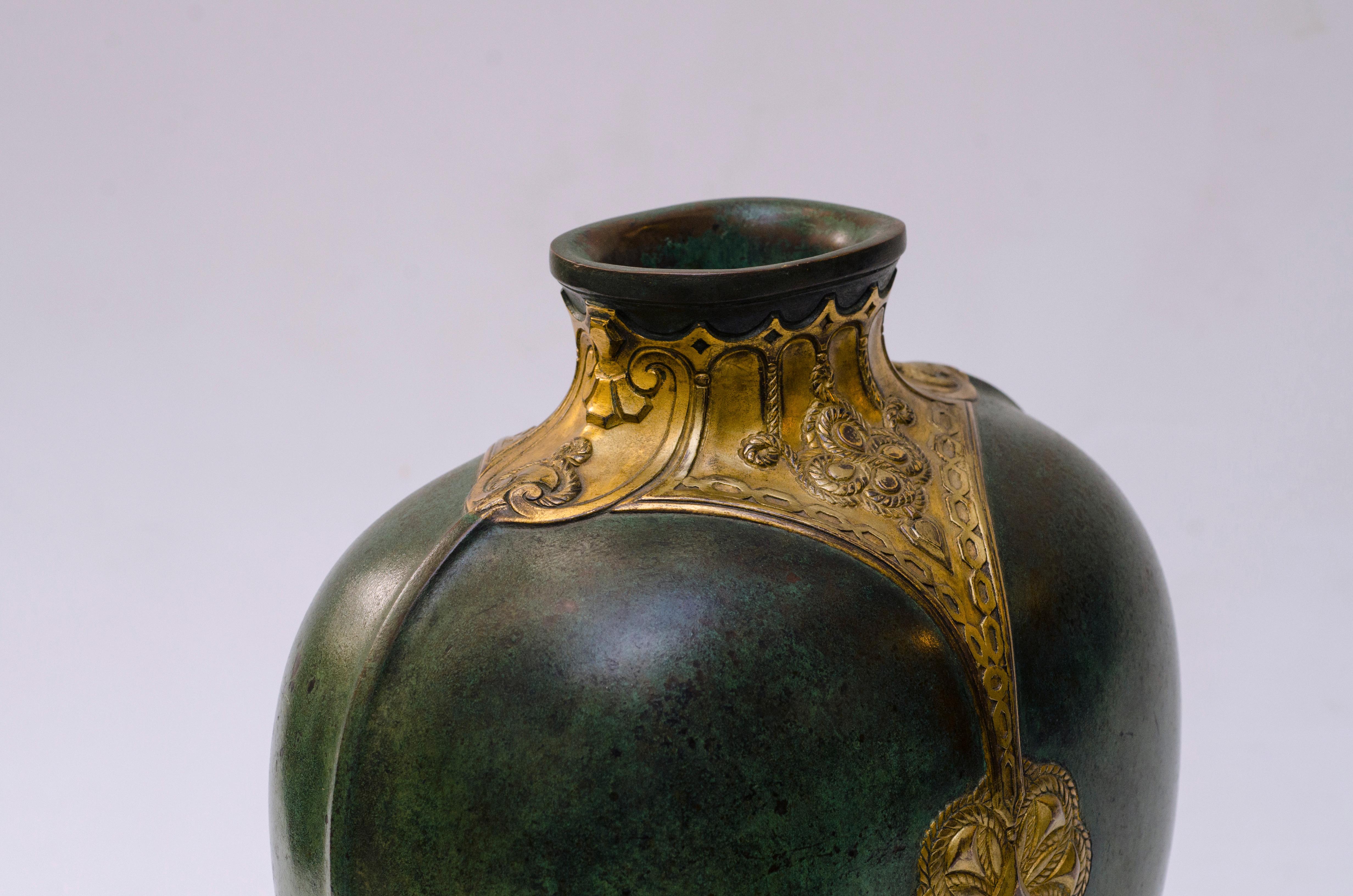 Art Deco Inlaid bronze vase by Christofle For Sale