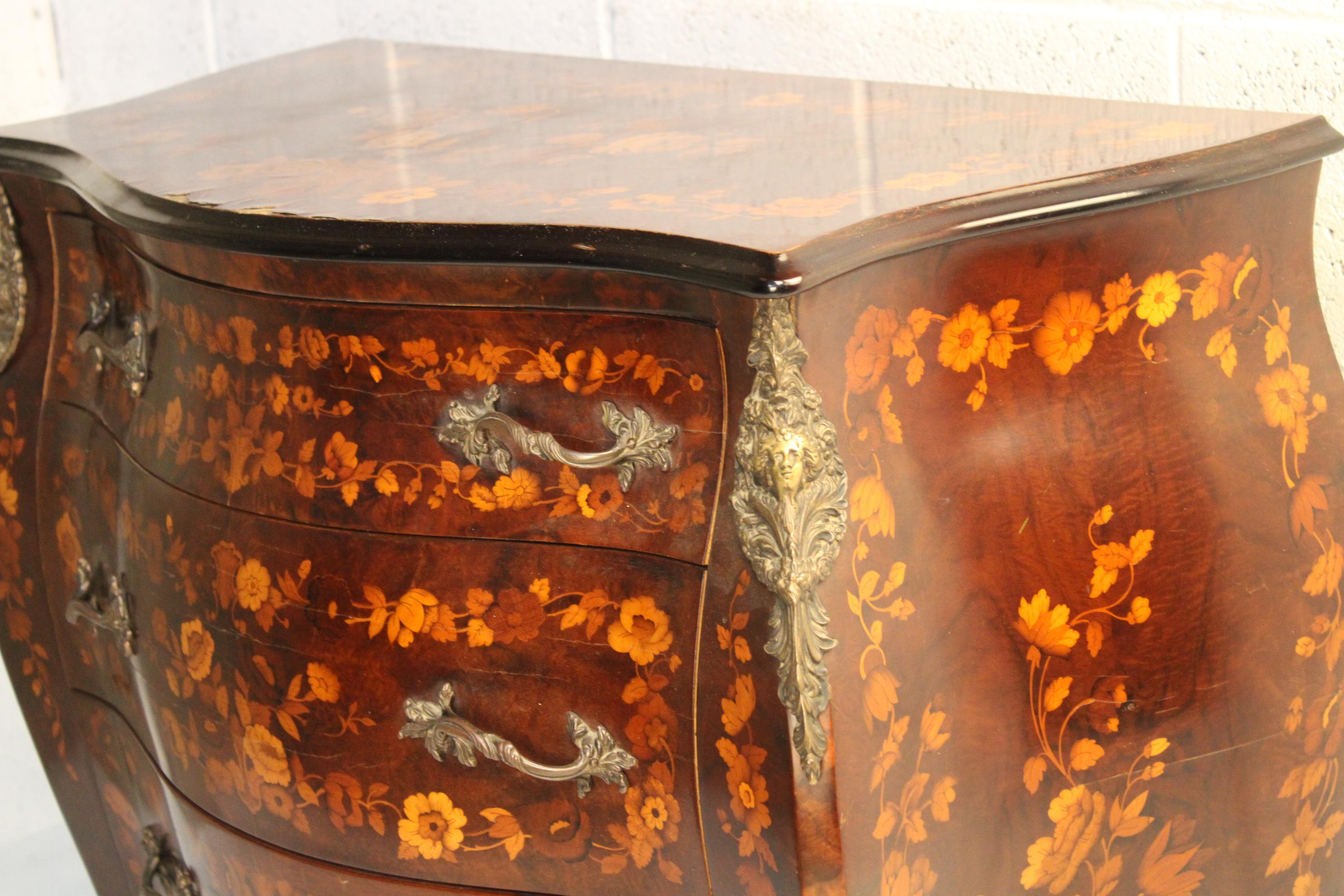  I am selling everything under estimation prices .Inlaid chest of drawers early XX. century France about 1920s 
generally in very good condition with lightly agings ... very particular piece and rich with inlaid work. container shipping is possible