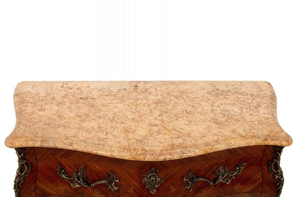 Louis Philippe Inlaid chest of drawers with a marble top in the Louis XV style, France. For Sale