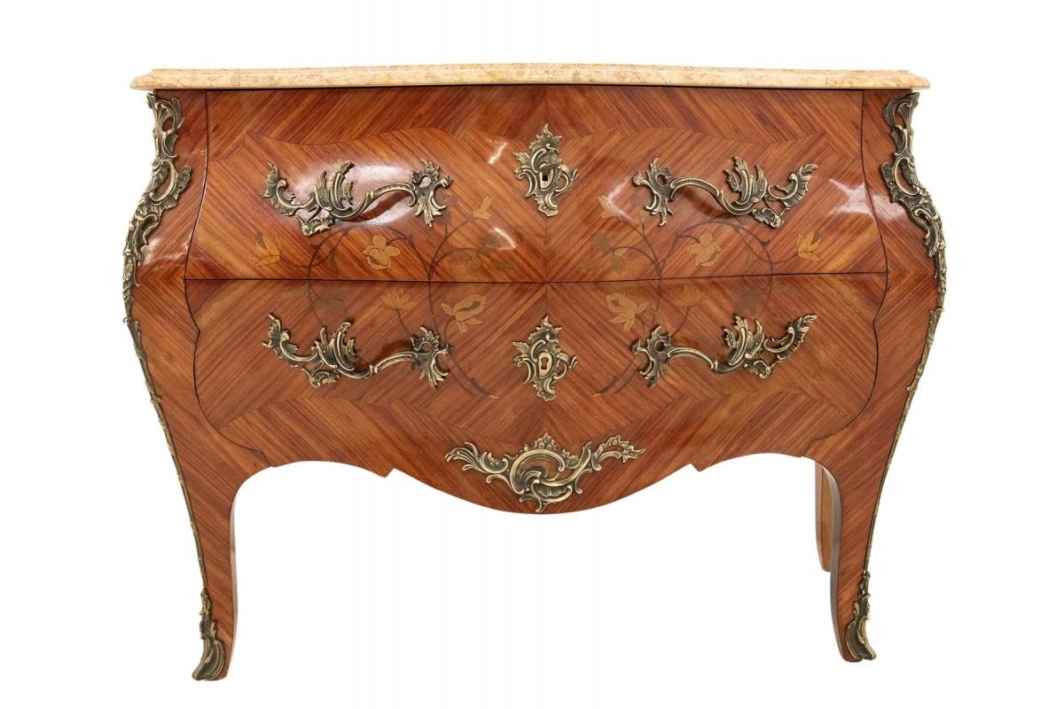 Rosewood Inlaid chest of drawers with a marble top in the Louis XV style, France. For Sale