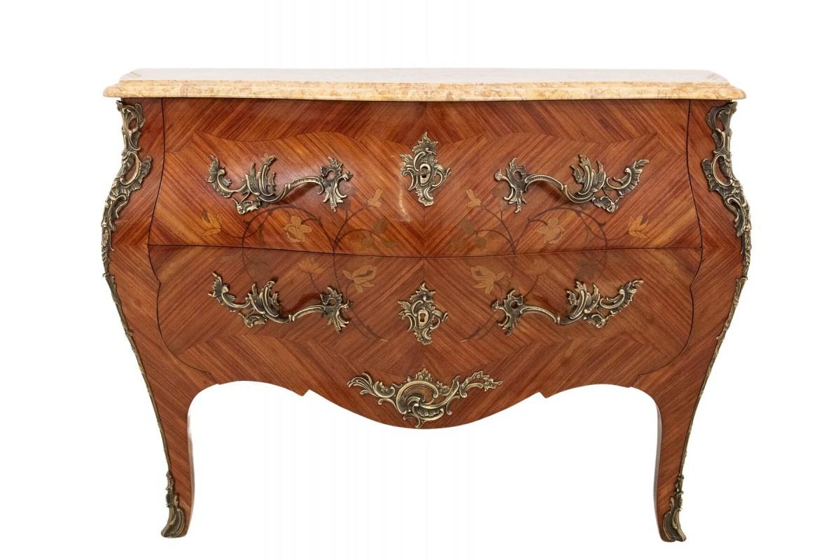 Inlaid chest of drawers with a marble top in the Louis XV style, France. For Sale 1