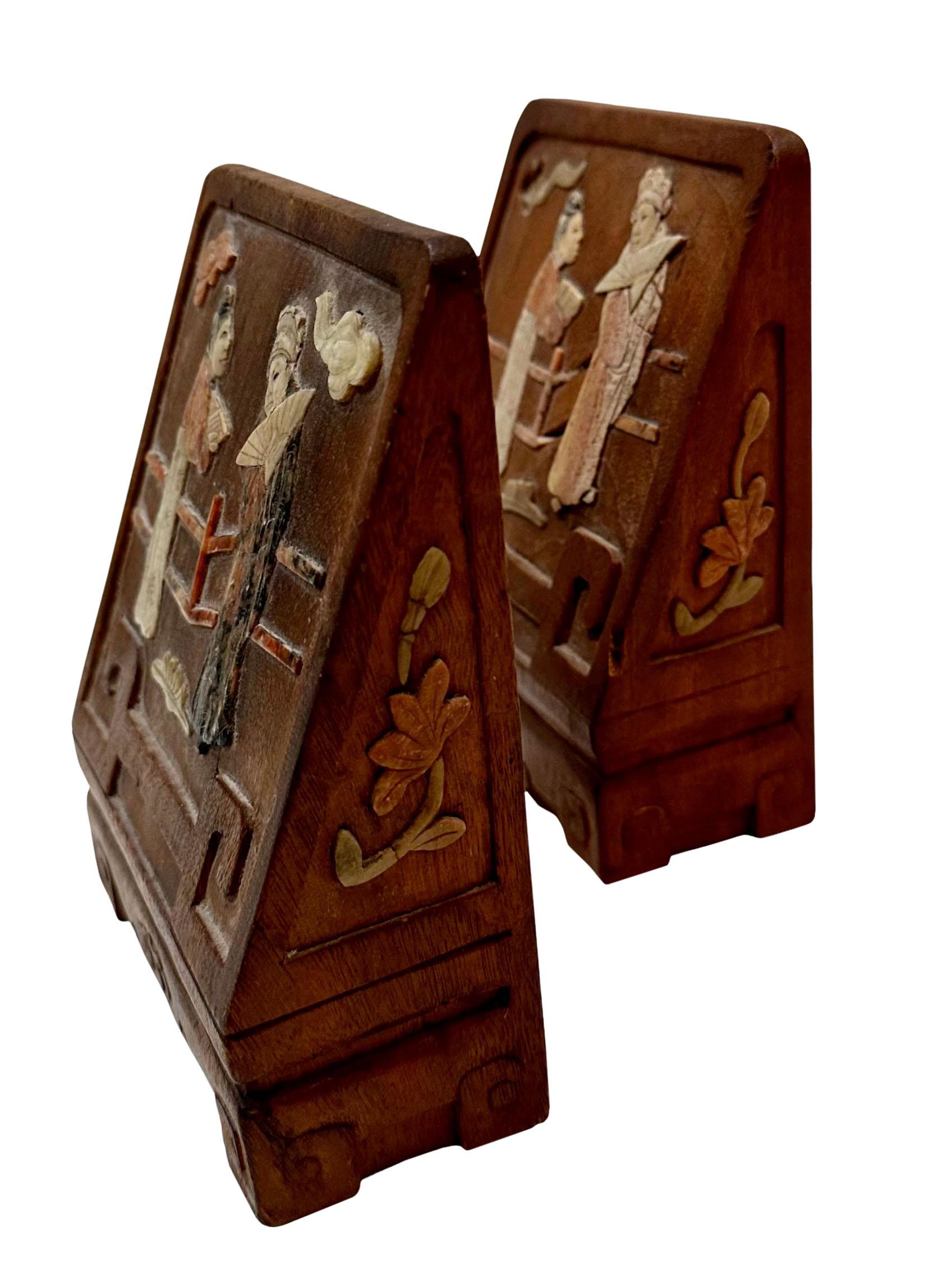 Soapstone Inlaid Chinese Bookends  For Sale